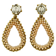 Gold and Peach Glass Beaded Teardrop Earrings with Silver Tone Clip On Fittings