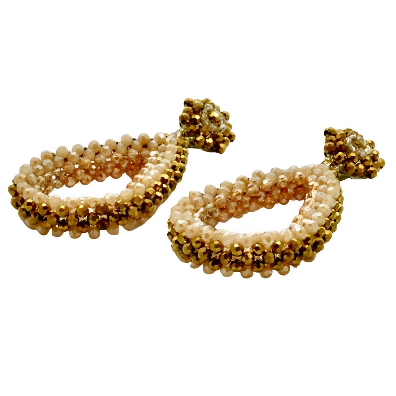 Gold and Peach Glass Beaded Teardrop Earrings with Silver Tone Clip On Fittings In Good Condition For Sale In London, GB
