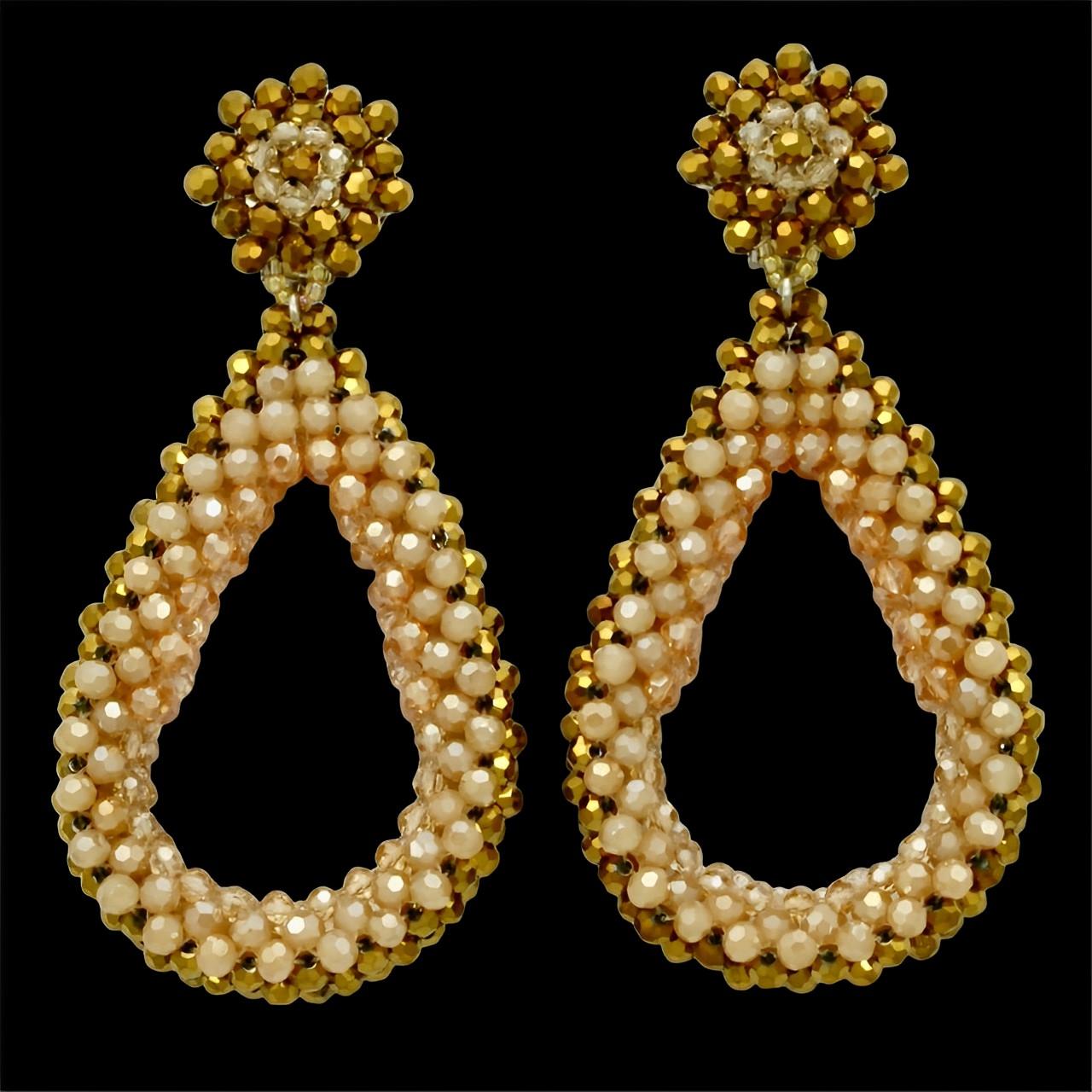 Gold and Peach Glass Beaded Teardrop Earrings with Silver Tone Clip On Fittings For Sale 1