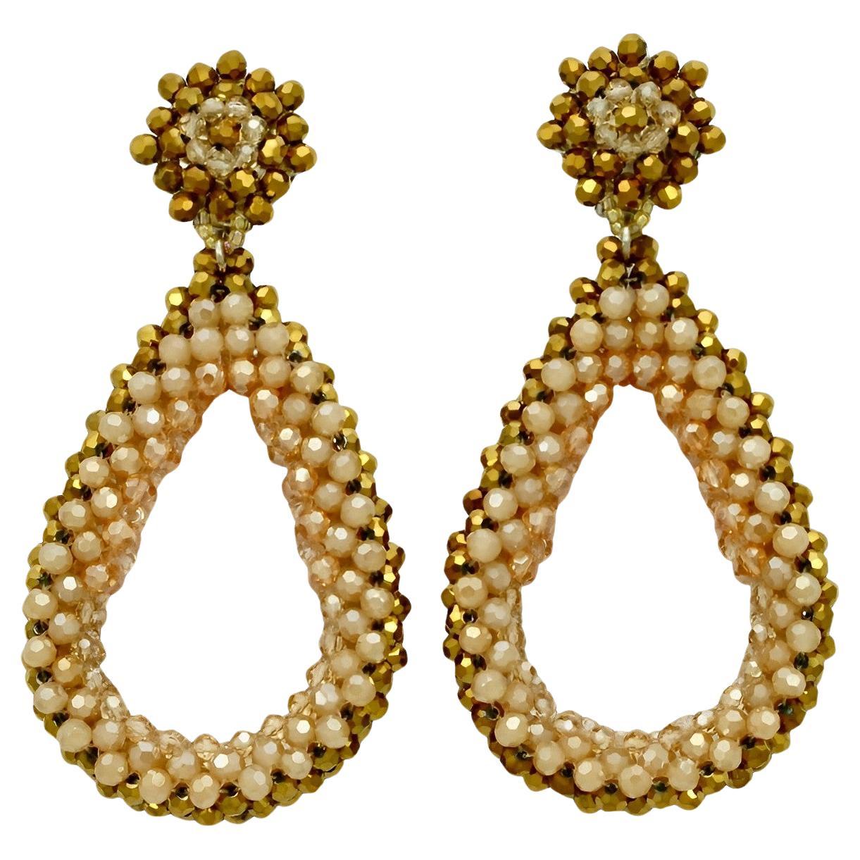 Gold and Peach Glass Beaded Teardrop Earrings with Silver Tone Clip On Fittings For Sale