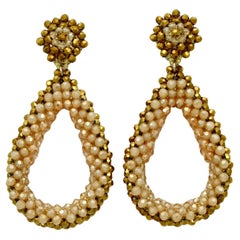 Gold and Peach Glass Beaded Teardrop Earrings with Silver Tone Clip On Fittings