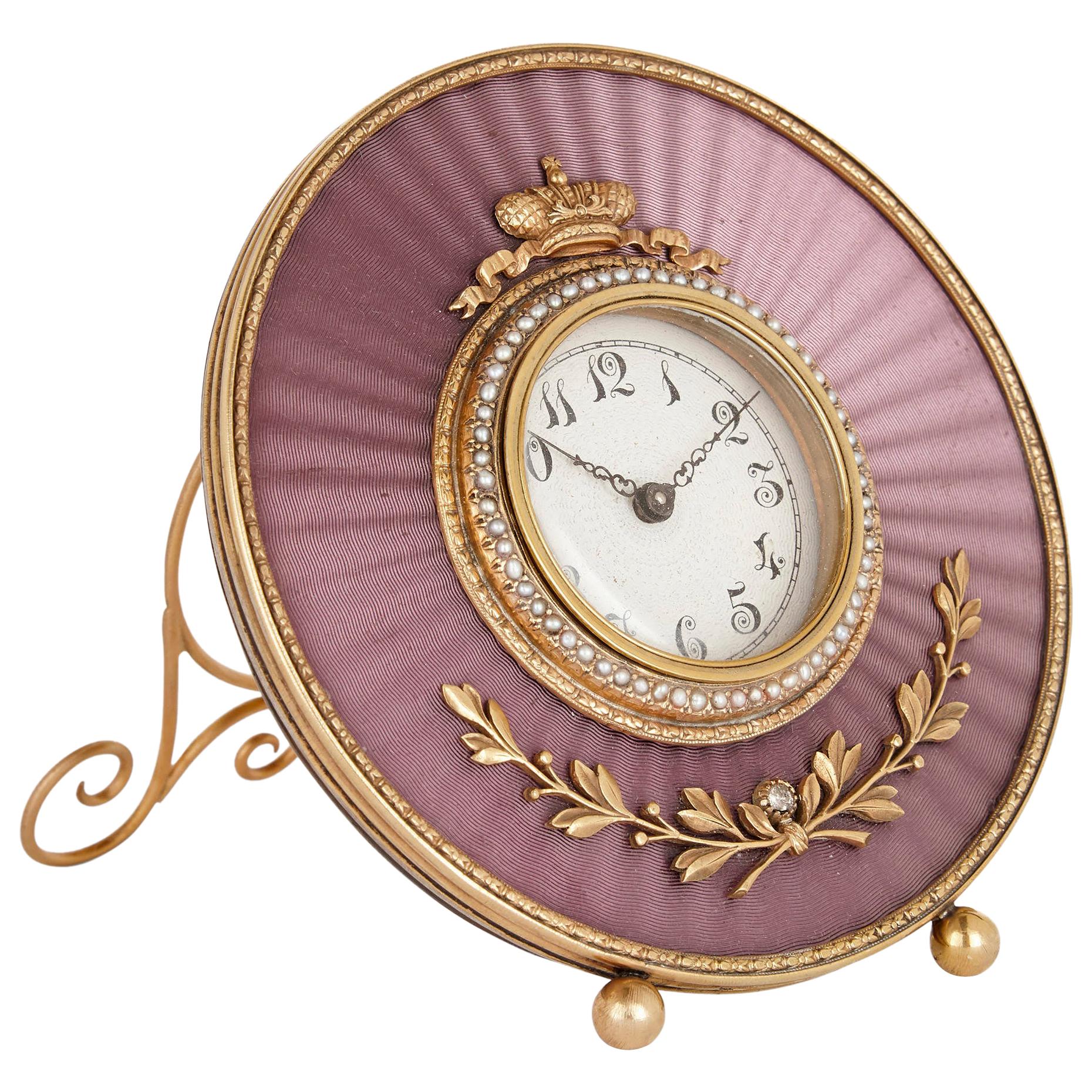 Gold and Pearl Circular Table Clock in the Manner of Fabergé