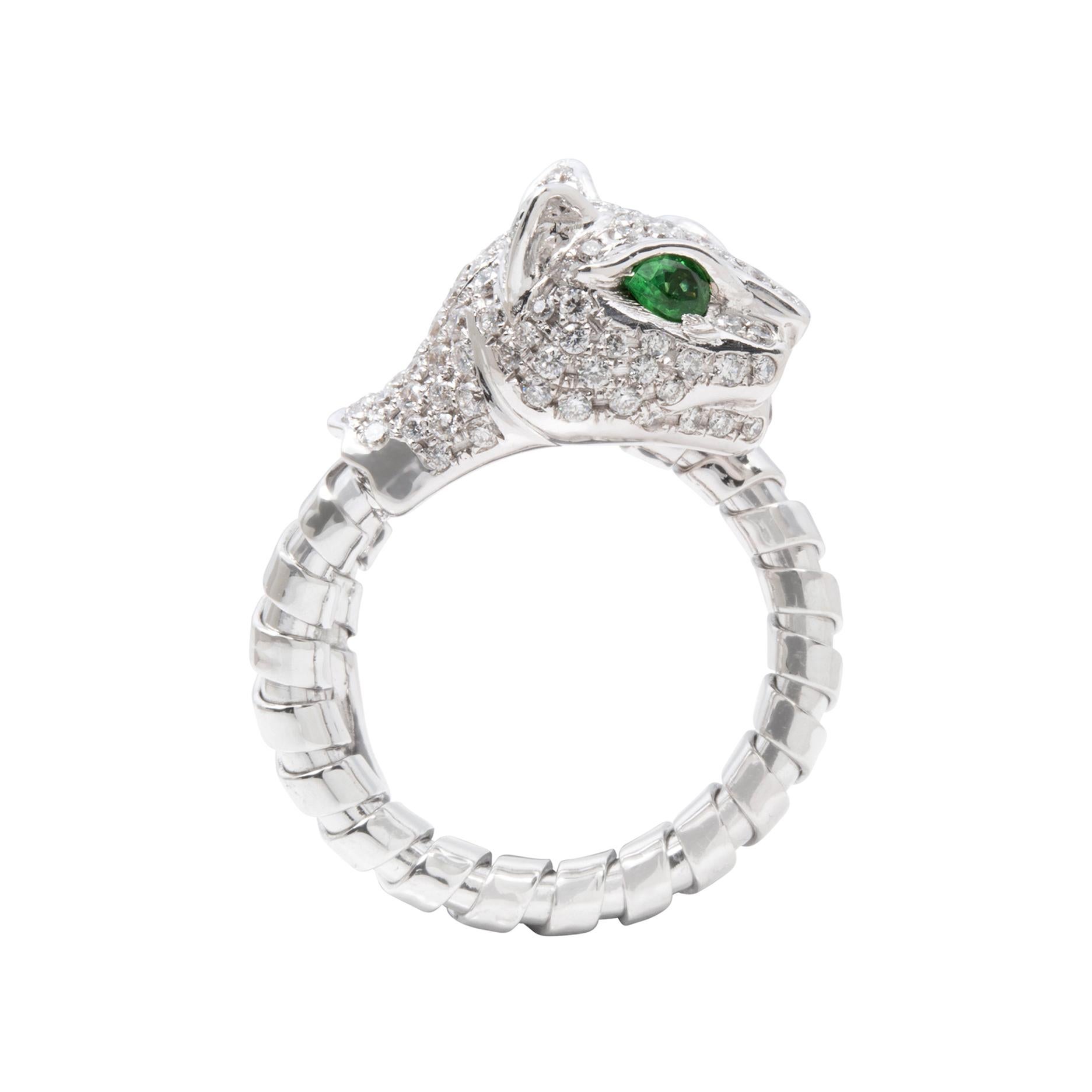 An Order of Bling Tsavorite and Diamond Cat Ring, 18 Karat White Gold