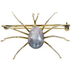 Retro Gold and Pearl Spider Brooch