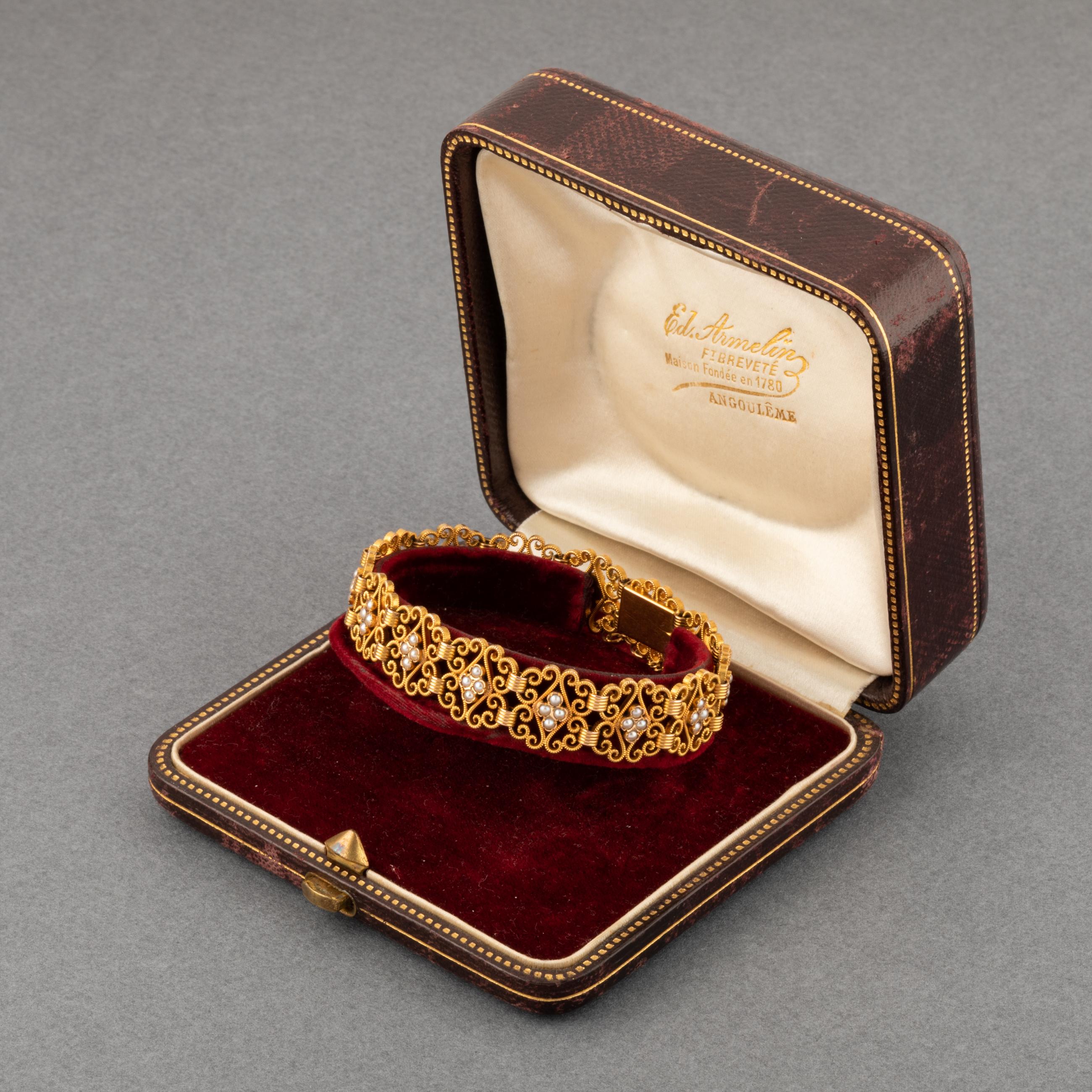Round Cut Gold and Pearls French Antique Bracelet For Sale
