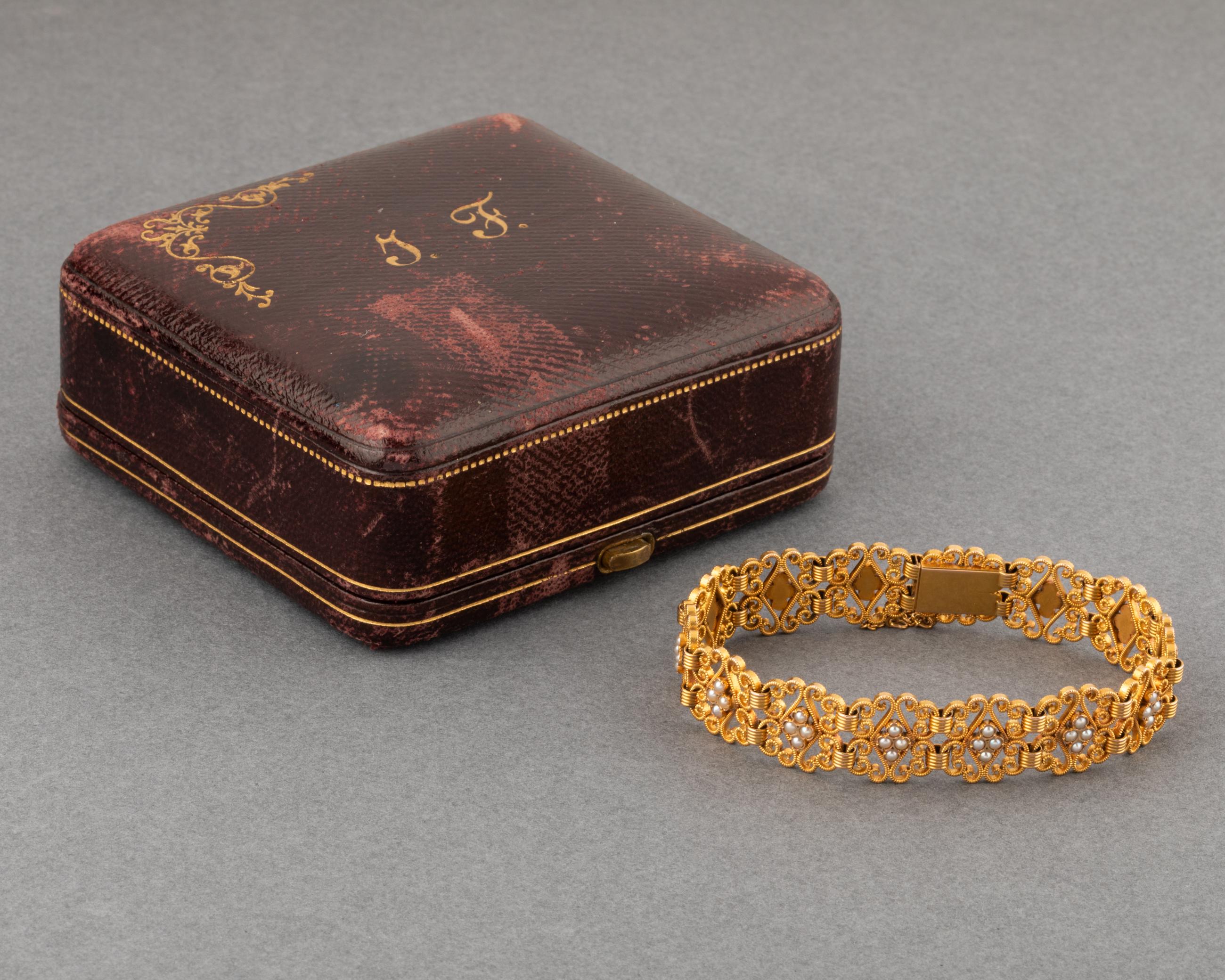 Gold and Pearls French Antique Bracelet For Sale 1