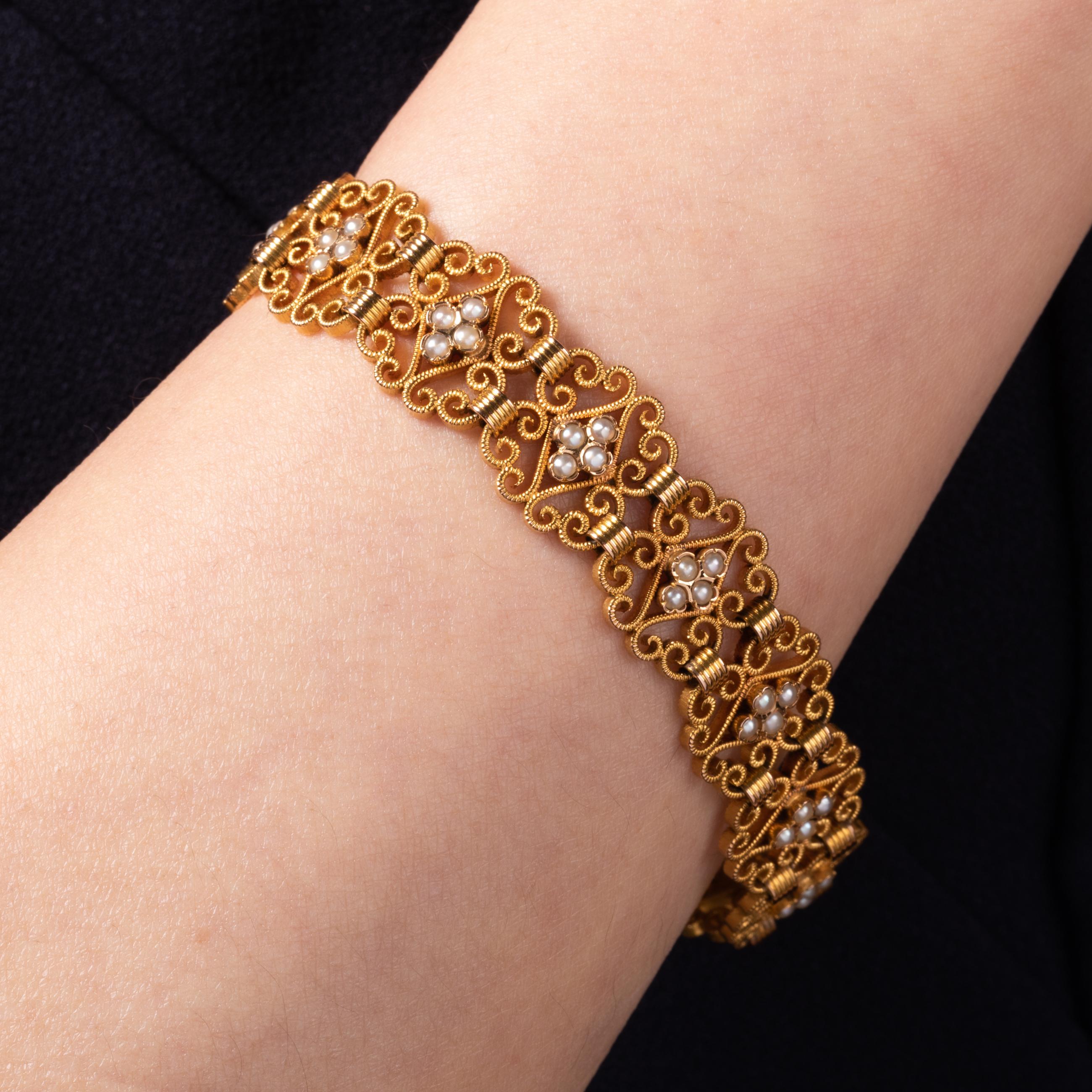 Gold and Pearls French Antique Bracelet For Sale 2