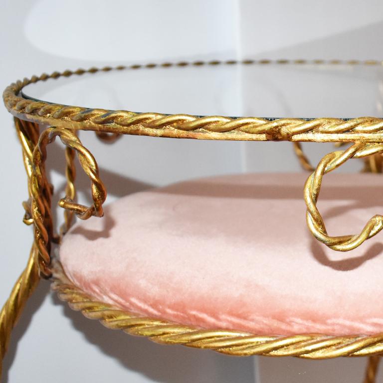 Hollywood Regency Gold and Pink Tole Tassel Table with Glass Top and Velvet Upholstery Italy 1920s