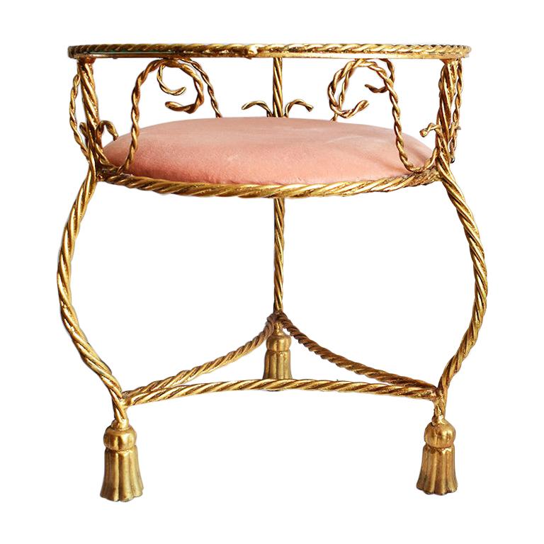 Gold and Pink Tole Tassel Table with Glass Top and Velvet Upholstery Italy 1920s