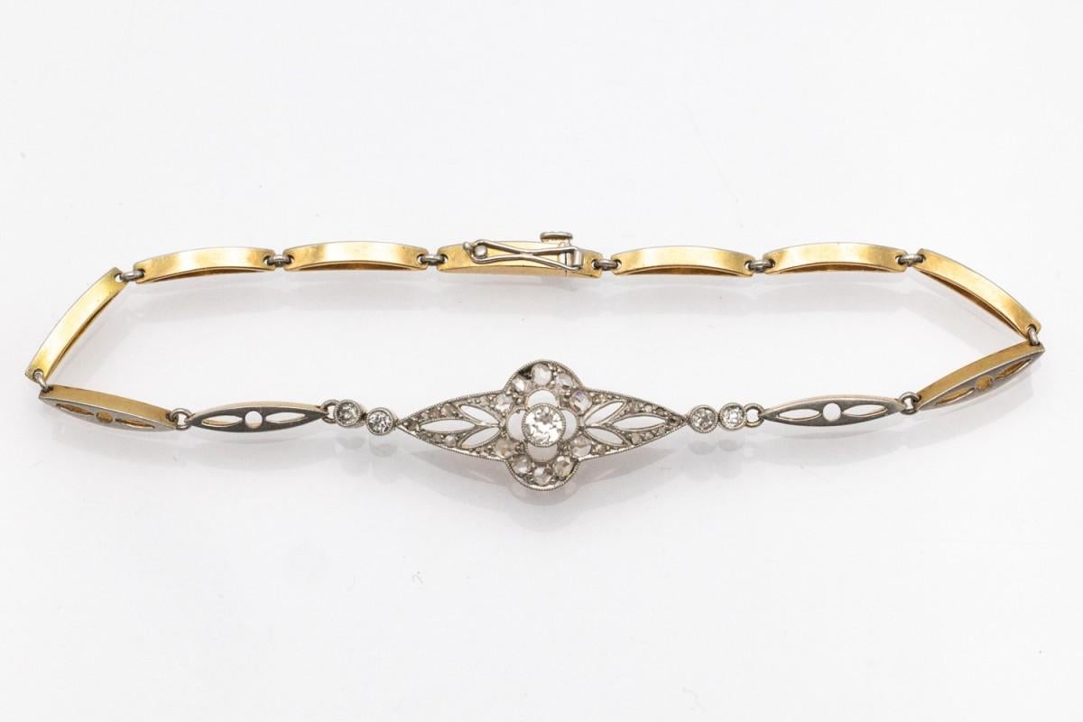 Gold and platinum bracelet with old cut diamonds, circa 1920. In Good Condition For Sale In Chorzów, PL