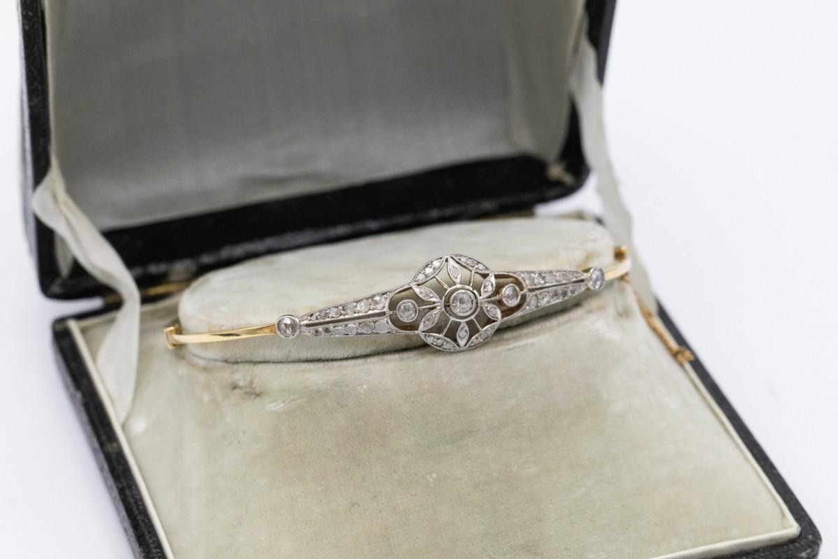 Women's or Men's Gold and platinum bracelet with old cut diamonds, circa 1920. For Sale