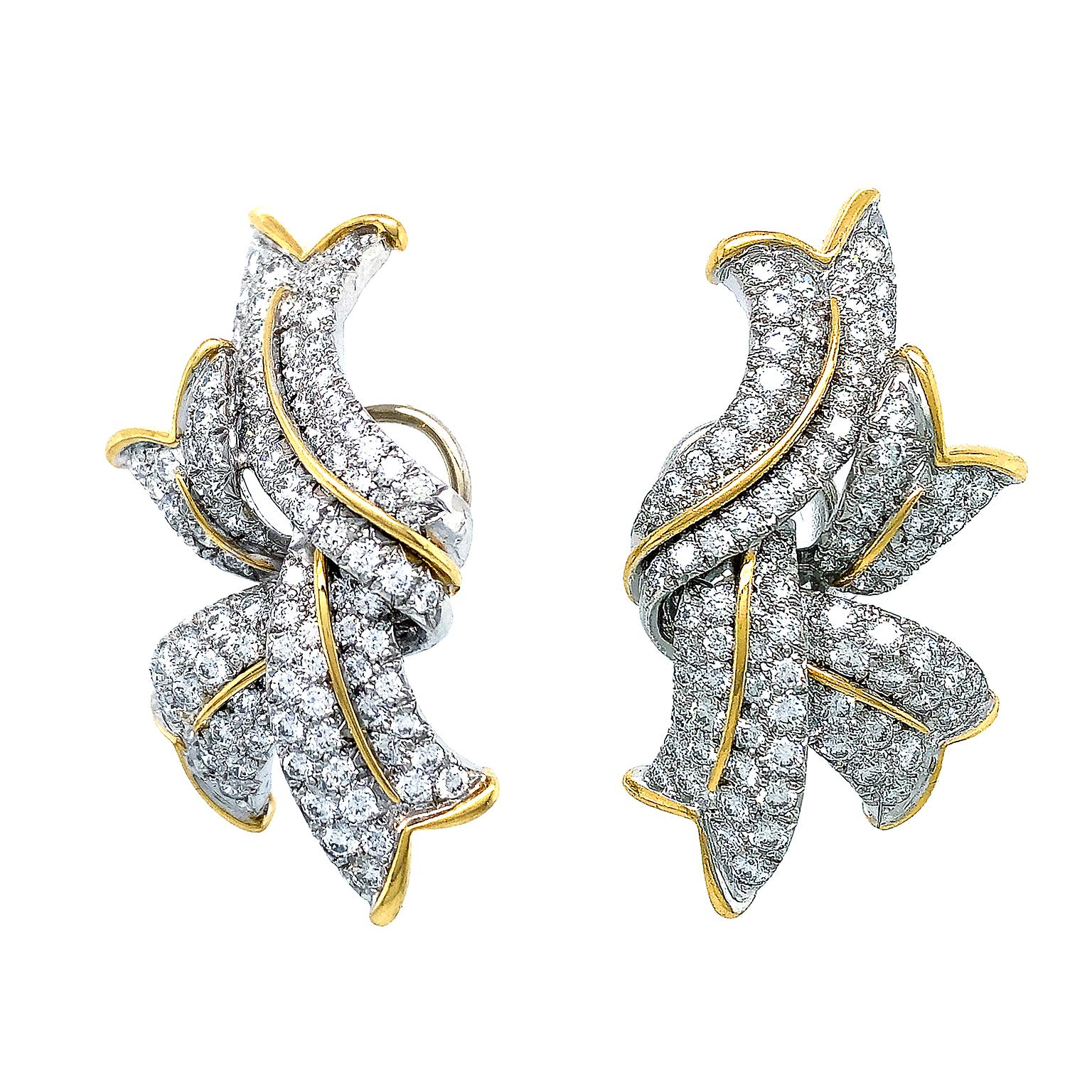 Round Cut 18K Yellow Gold and Platinum Diamond Flame Earrings For Sale