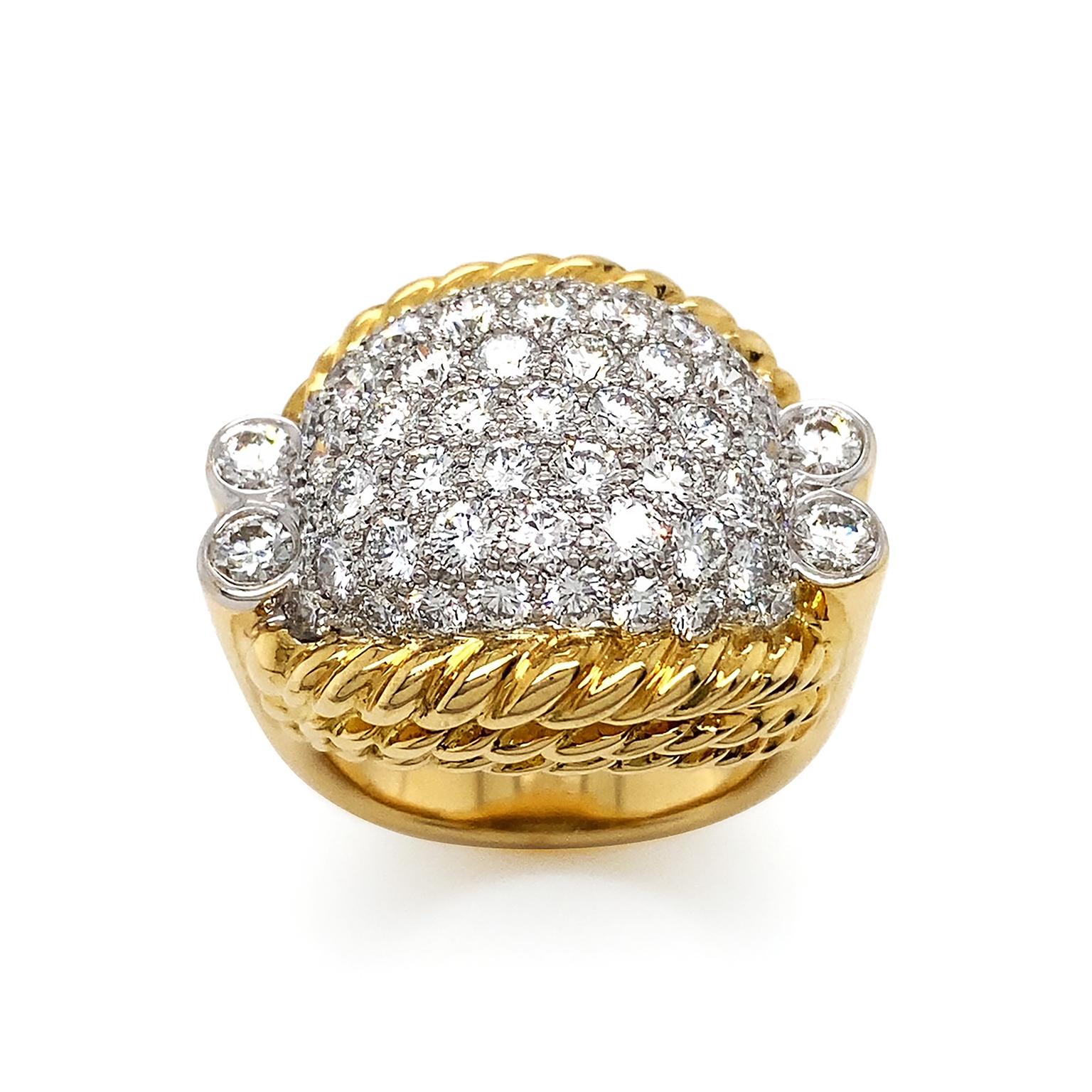 Round Cut Gold and Platinum Diamond Rope Ring