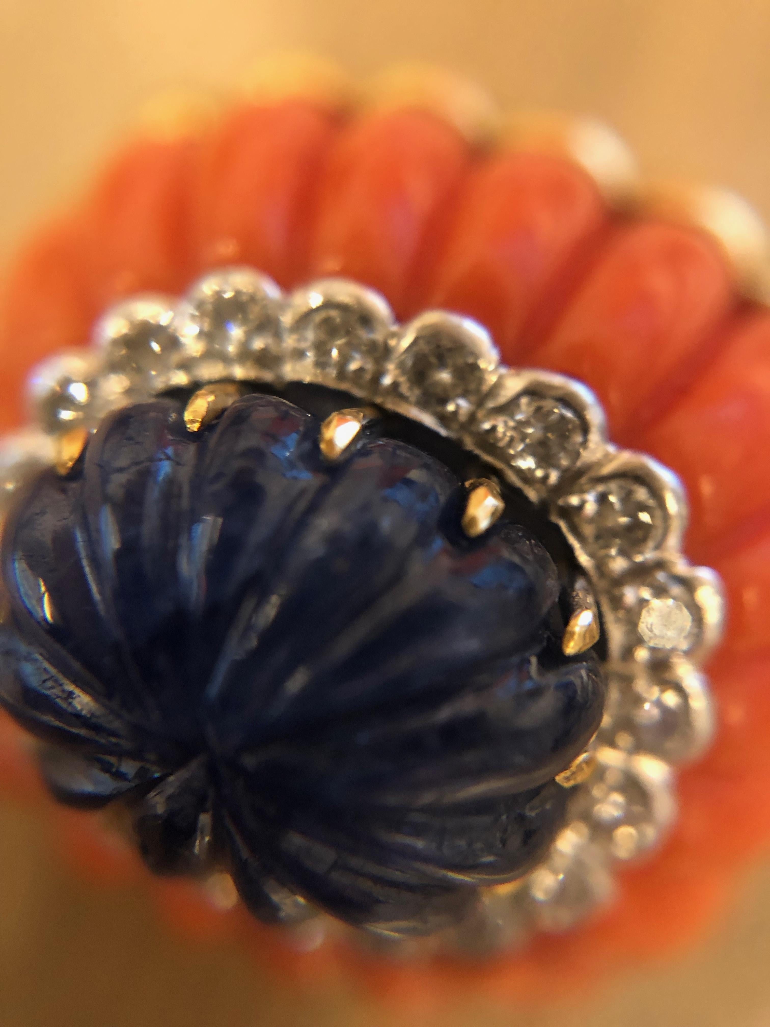 Gold and Platinum Earrings with Diamonds, Sapphires and Corals by David Webb In Excellent Condition In New York, NY