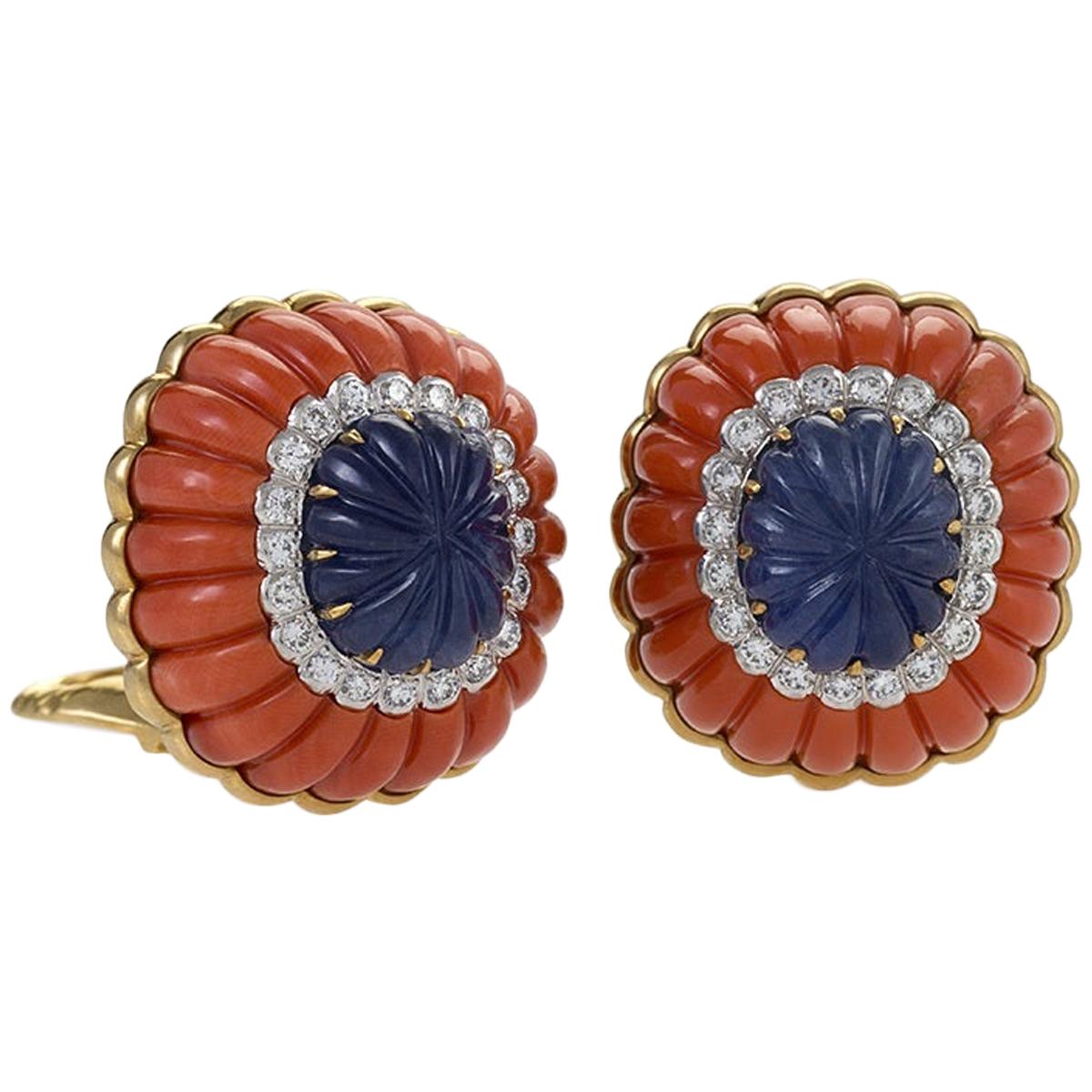 Gold and Platinum Earrings with Diamonds, Sapphires and Corals by David Webb
