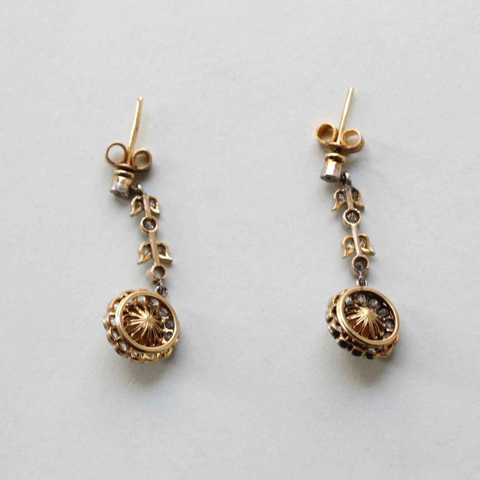 Women's Gold and Platinum Edwardian Earrings with Diamond and Pearls
