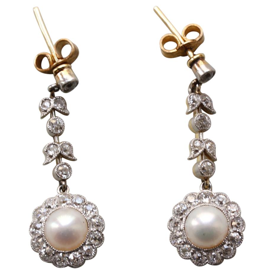 Gold and Platinum Edwardian Earrings with Diamond and Pearls