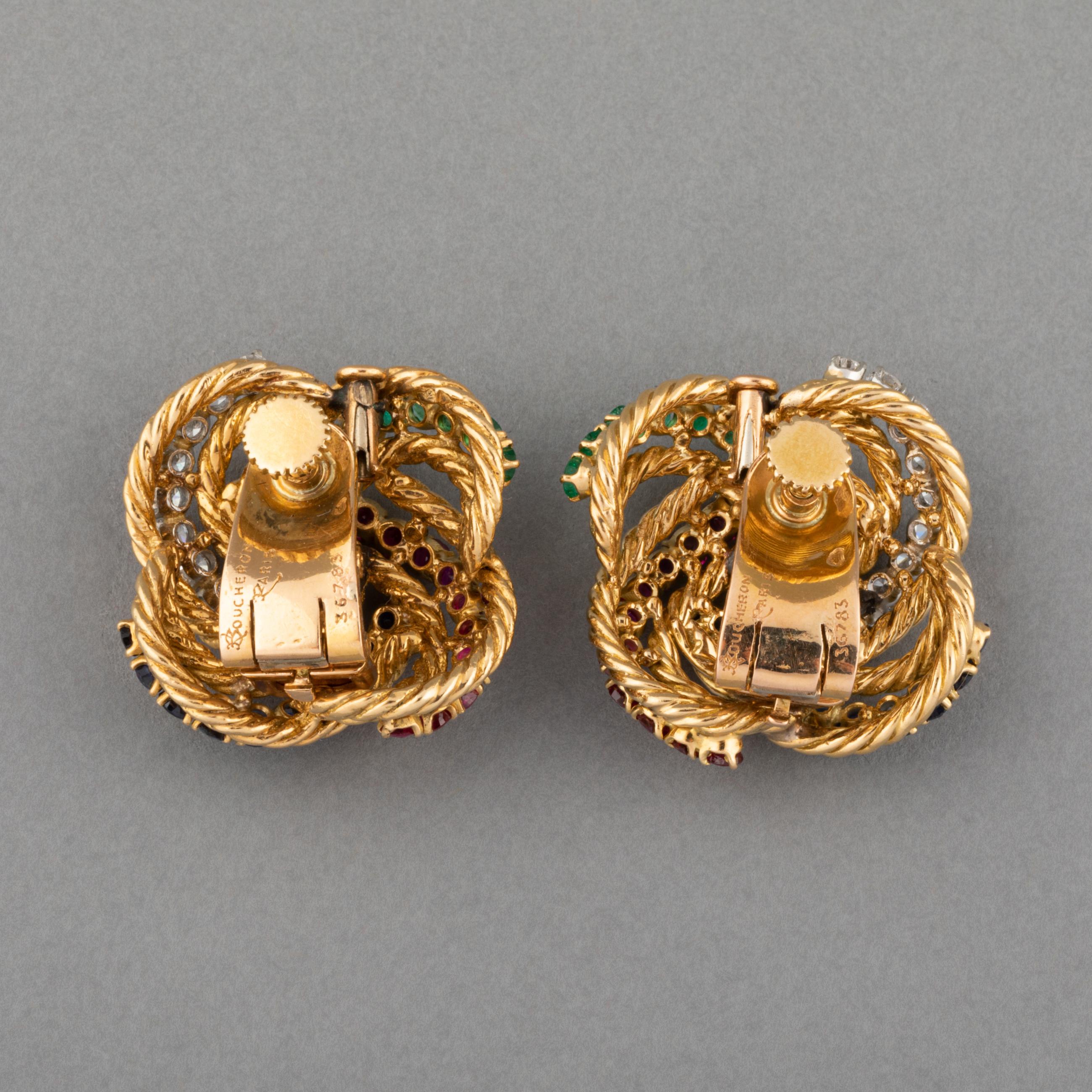 Gold and Precious stones Boucheron Clip Earrings For Sale 1