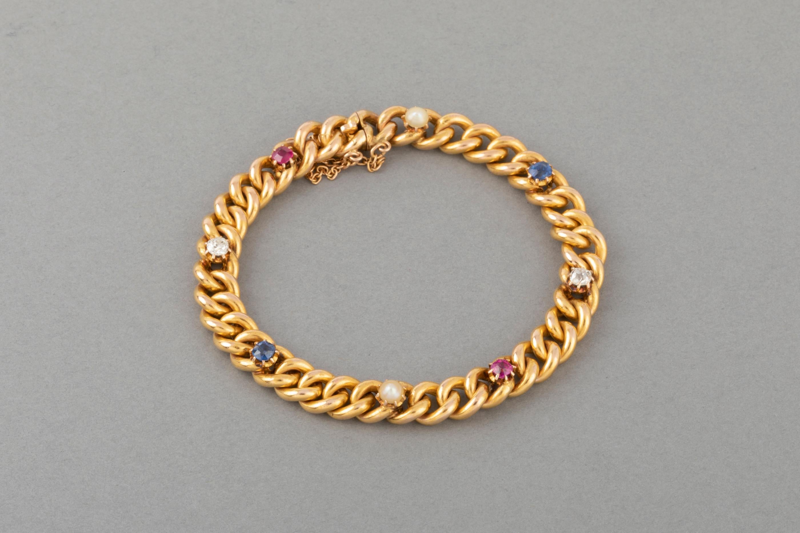 Gold and Precious Stones French Bracelet 

Very lovely bracelet, made in France circa 1940. French marks for gold 18k: the rhinoceros and the eagle. The bracelet is set with precious stones: diamonds, sapphires and rubies. The bracelet width js 7mm,