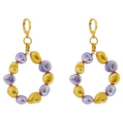 Gold and purple freshwater pearl hoop earrings  by Ifemi Jewels