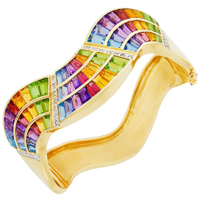 Women's or Men's Gold and Rainbow Gem-Set and Diamond Bangle Bracelet