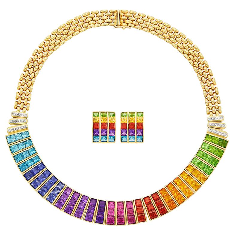 Gold and Rainbow Gem-Set and Diamond Necklace Earclips