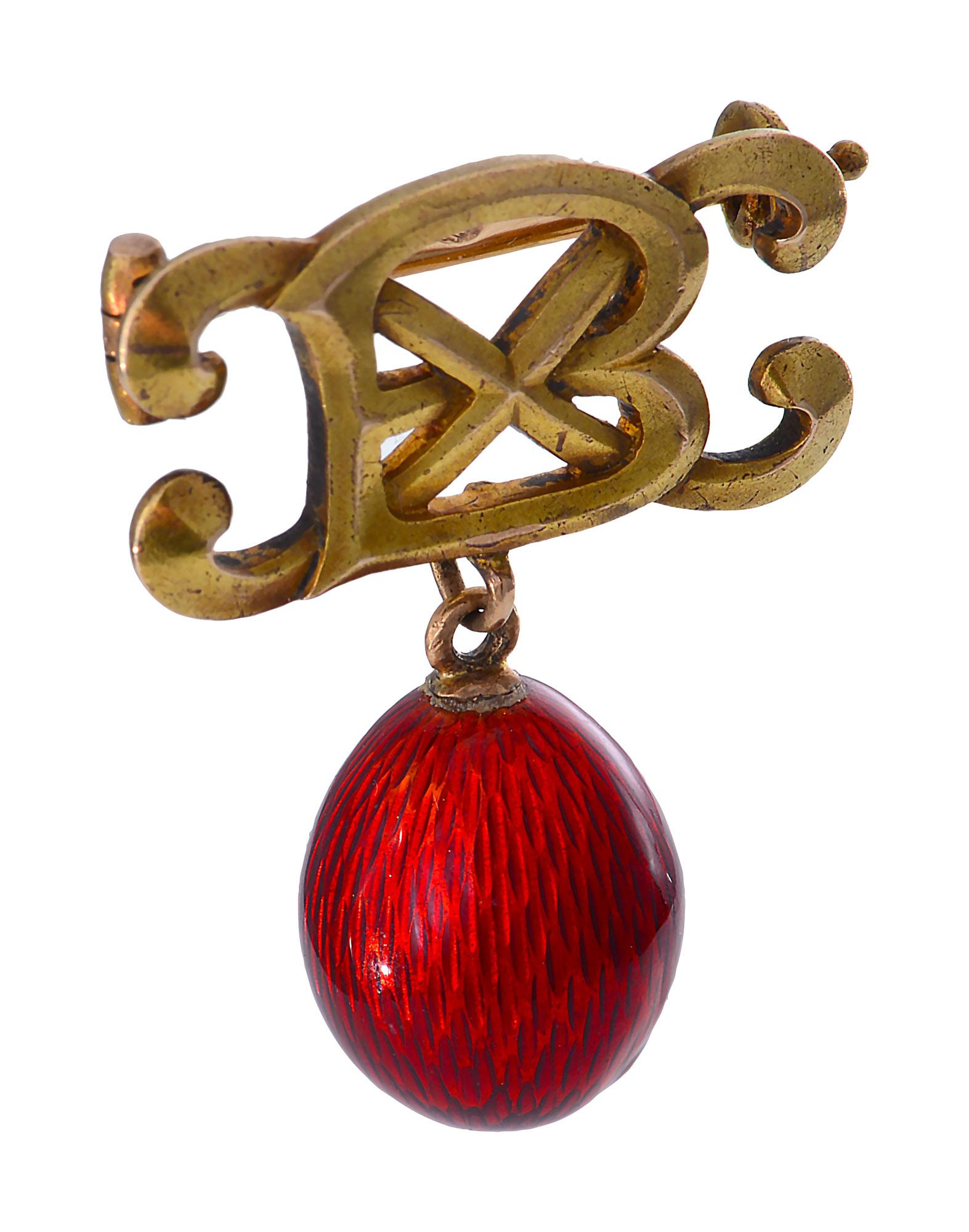 Women's or Men's Gold and Red Enamel Egg Brooch by Alfred Thielmann for Faberge For Sale