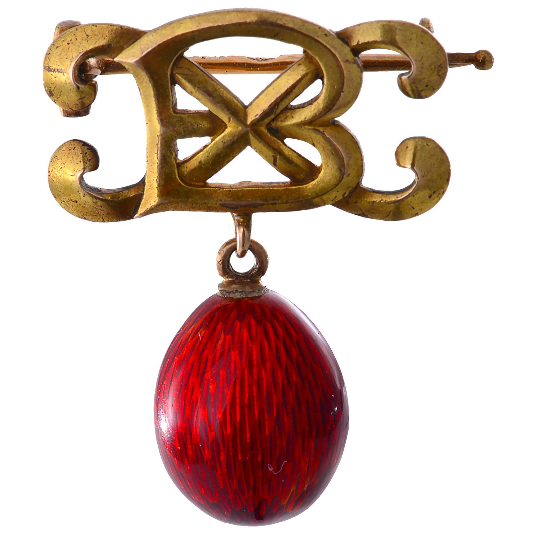 Gold and Red Enamel Egg Brooch by Alfred Thielmann for Faberge For Sale