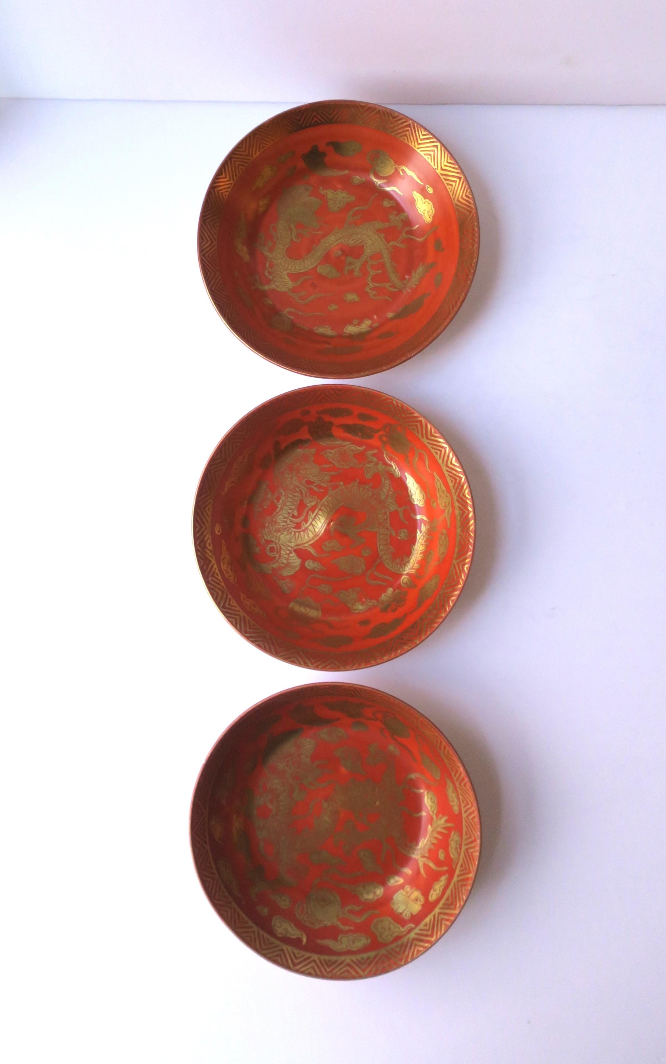 Porcelain Gold and Red Finger or Nut Bowls with Dragon Design, Set of 3 For Sale