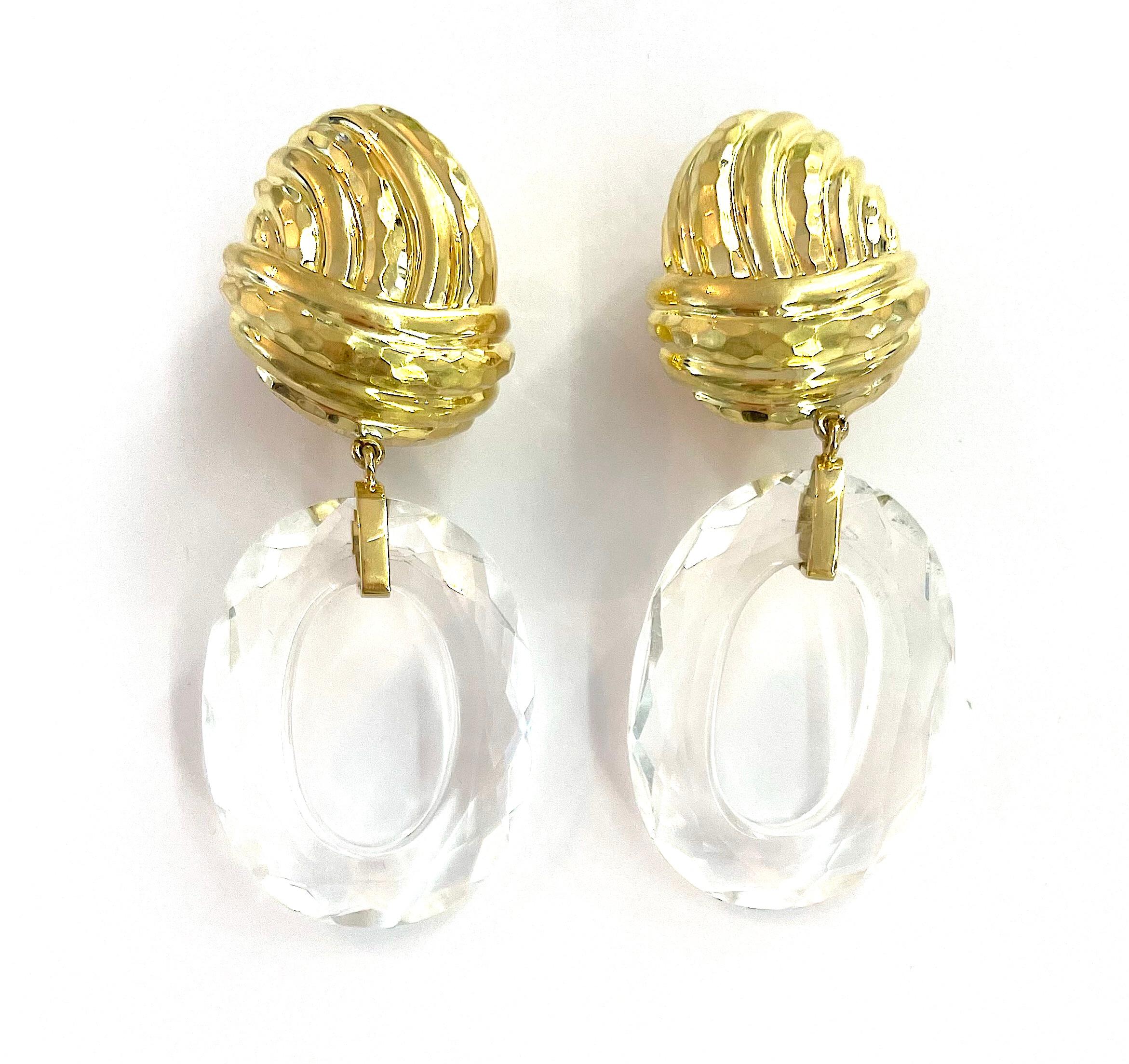 Gold and Rock Crystal Drop Ear Clips by A. Clunn For Sale 2