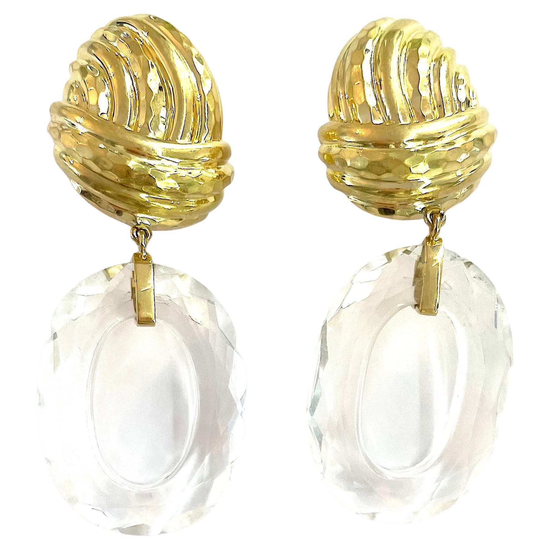 Gold and Rock Crystal Drop Ear Clips by A. Clunn