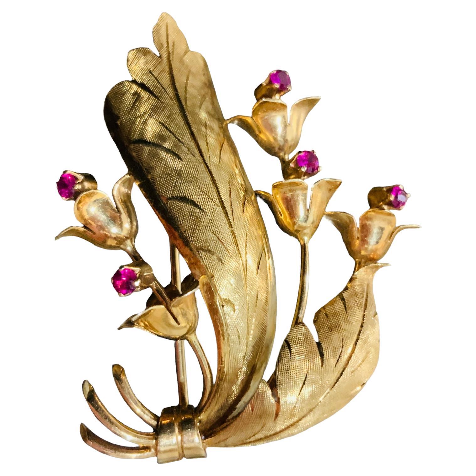 Gold and Rubies Bouquet of Lilies of the Valley Brooch