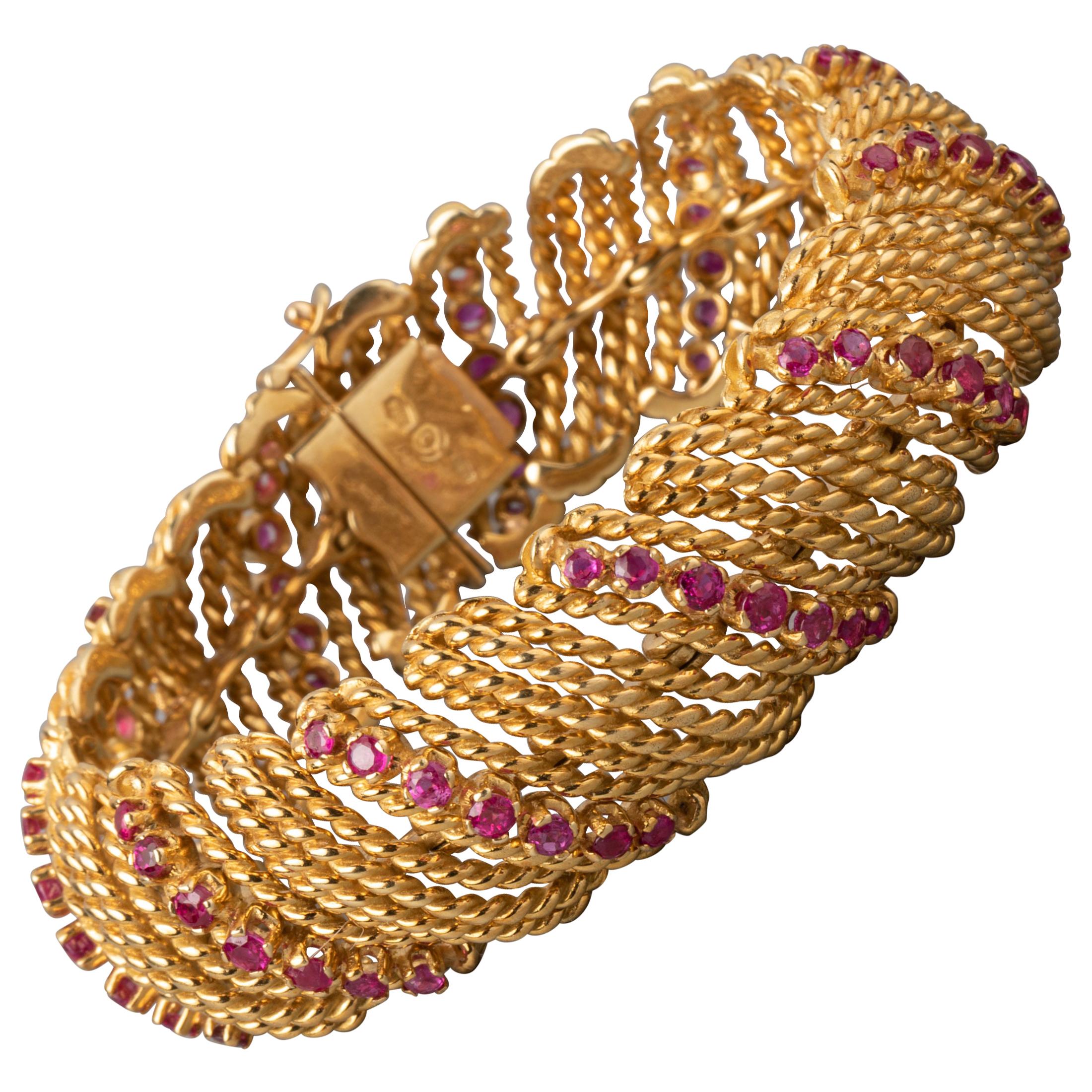 Ruby Diamond and Pearls Gold Vintage Bracelet For Sale at 1stDibs