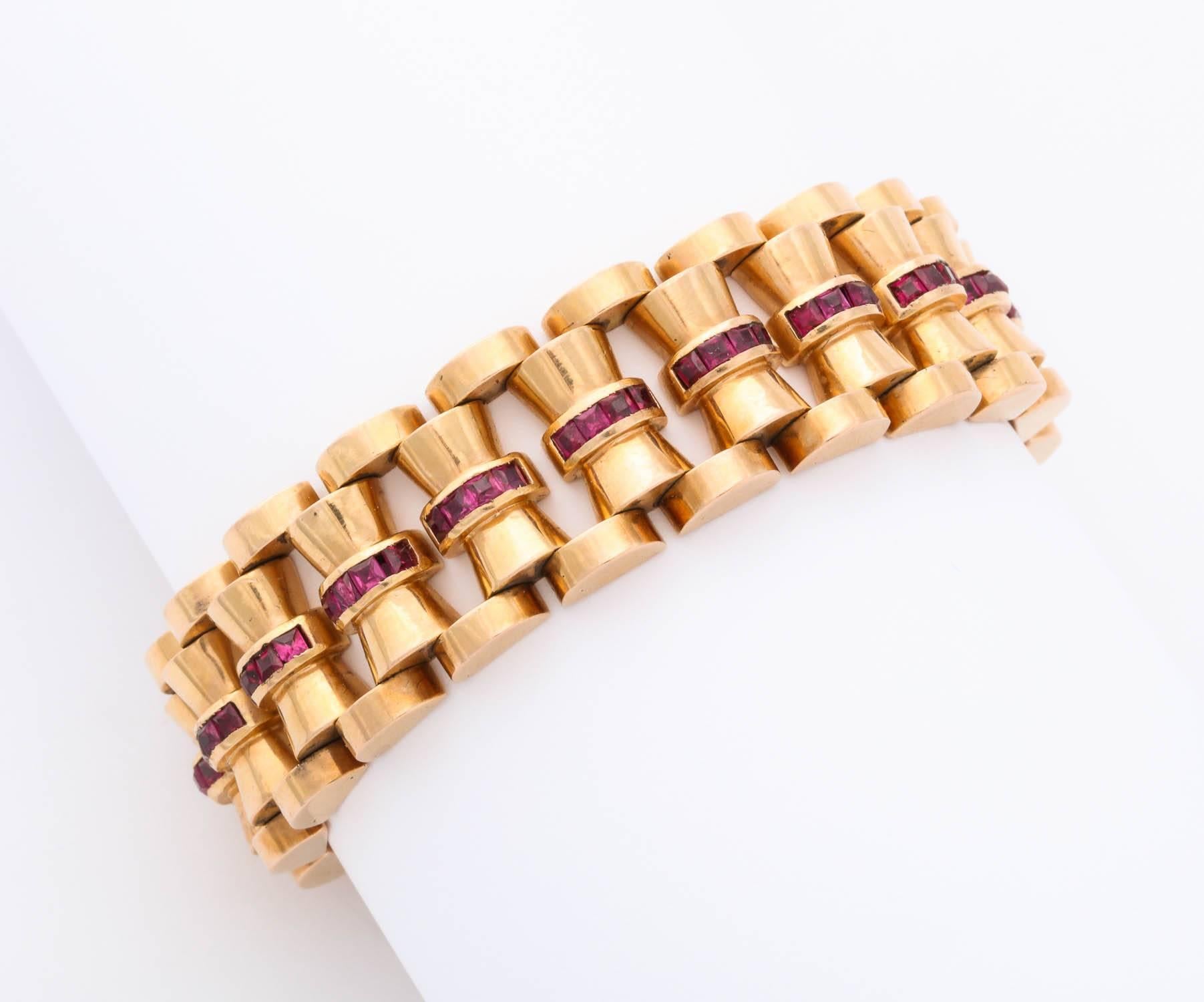 Baguette Cut Gold and Ruby Bracelet For Sale