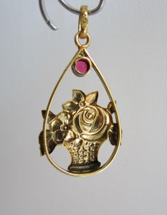 Gold and Ruby Flower Basket Pendant, circa 1890