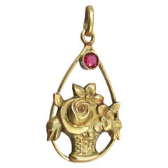 Gold and Ruby Flower Basket Pendant, circa 1890