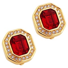 Vintage Gold and Ruby Red Swarovski Crystal Earrings Earrings By Swarovski, 1980s