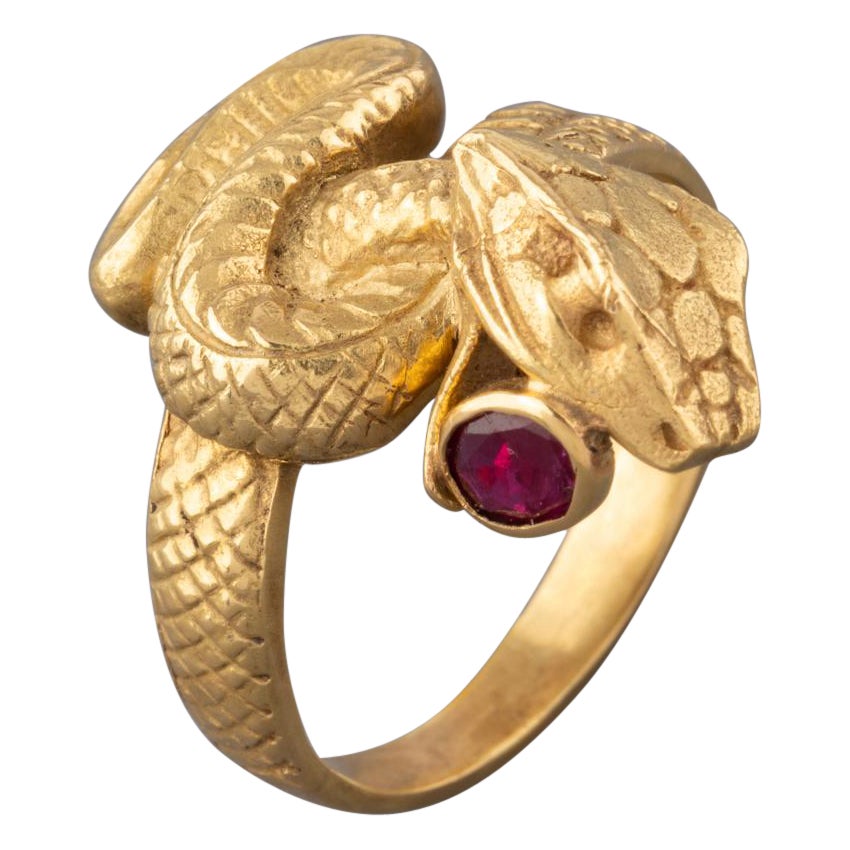 Gold and Ruby Vintage Snake Ring For Sale