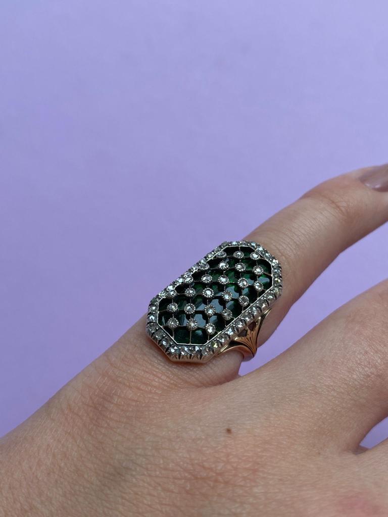 gold and silver bague au firmament with green glass and diamonds In Good Condition For Sale In Amsterdam, NL