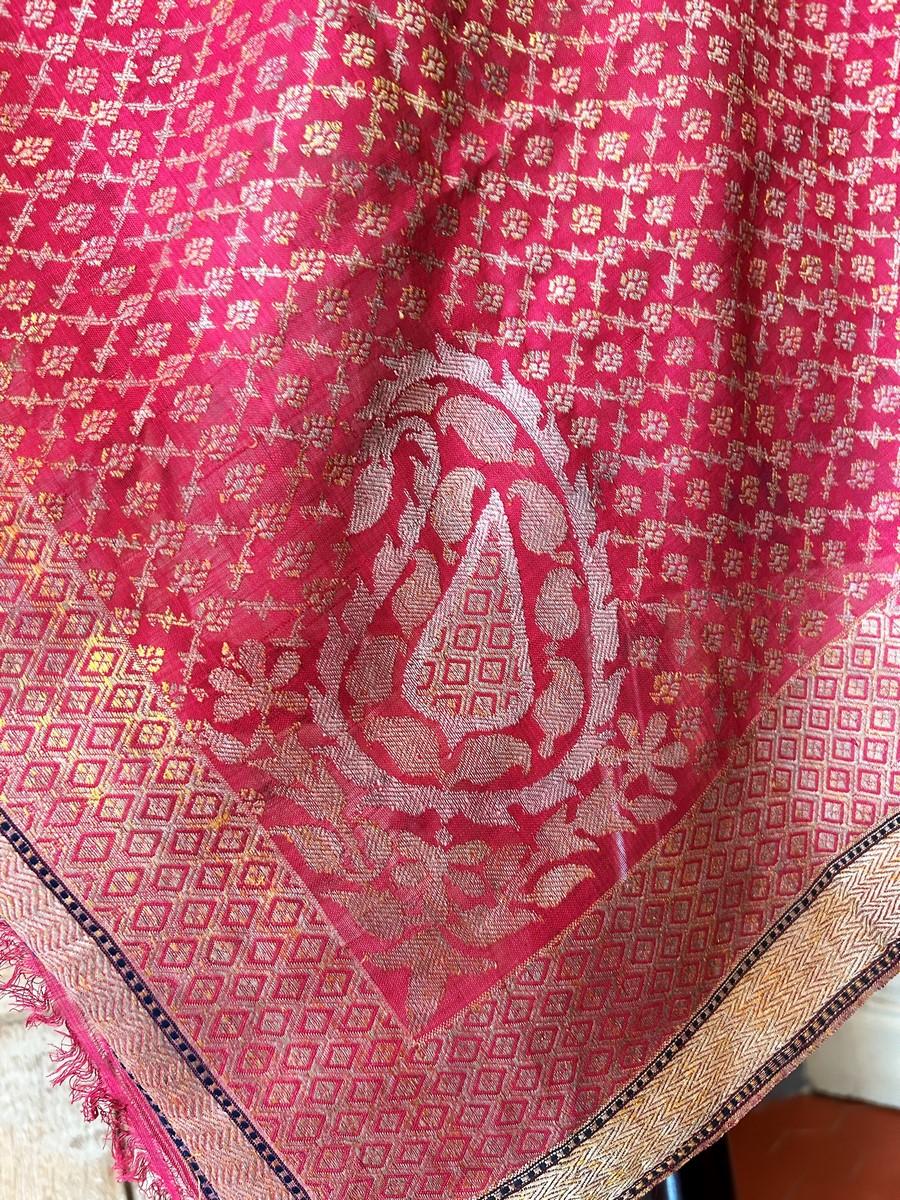 Chal fichu de seda brocada en oro y plata - Benarés Varanasi India Siglo XIX 5