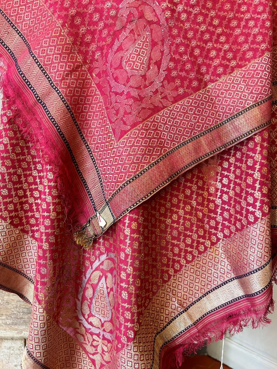 Chal fichu de seda brocada en oro y plata - Benarés Varanasi India Siglo XIX 6