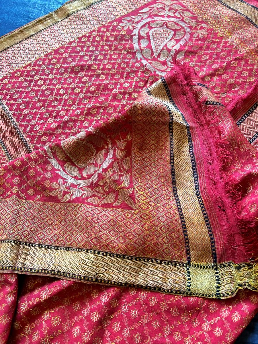 Chal fichu de seda brocada en oro y plata - Benarés Varanasi India Siglo XIX 2