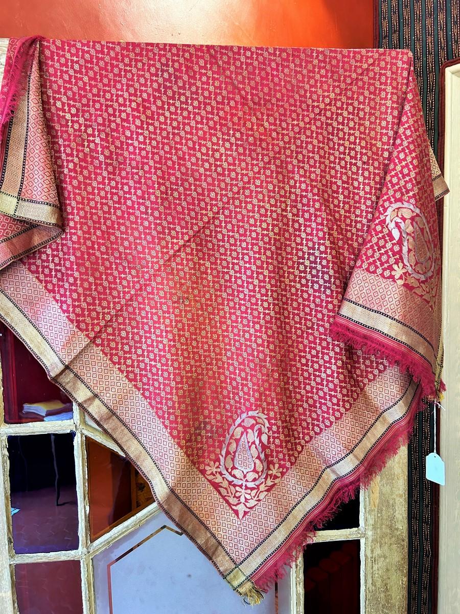 Chal fichu de seda brocada en oro y plata - Benarés Varanasi India Siglo XIX 3