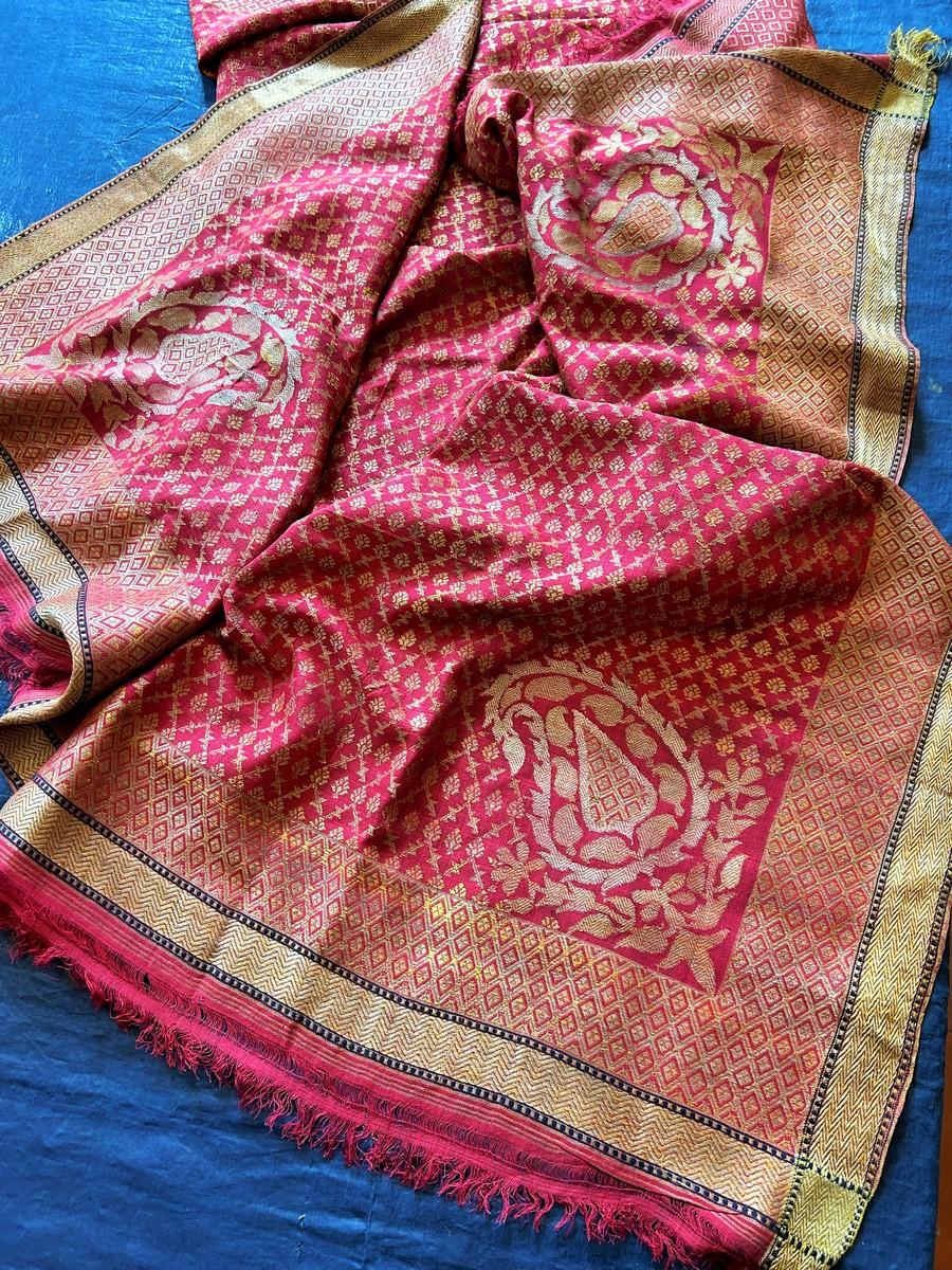 Chal fichu de seda brocada en oro y plata - Benarés Varanasi India Siglo XIX 4