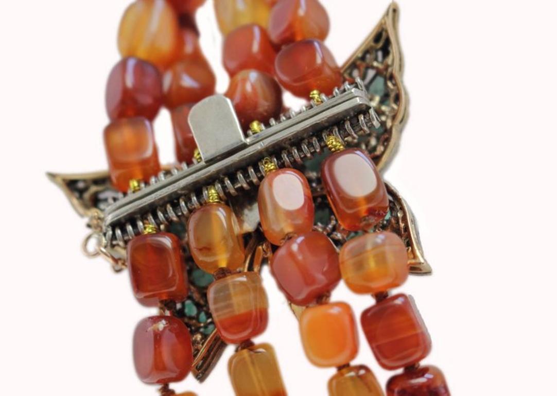 Retro Gold and Silver Carnelian Diamonds Emeralds Garnets and Topazes Necklace