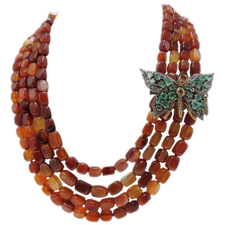 Gold and Silver Carnelian Diamonds Emeralds Garnets and Topazes Necklace
