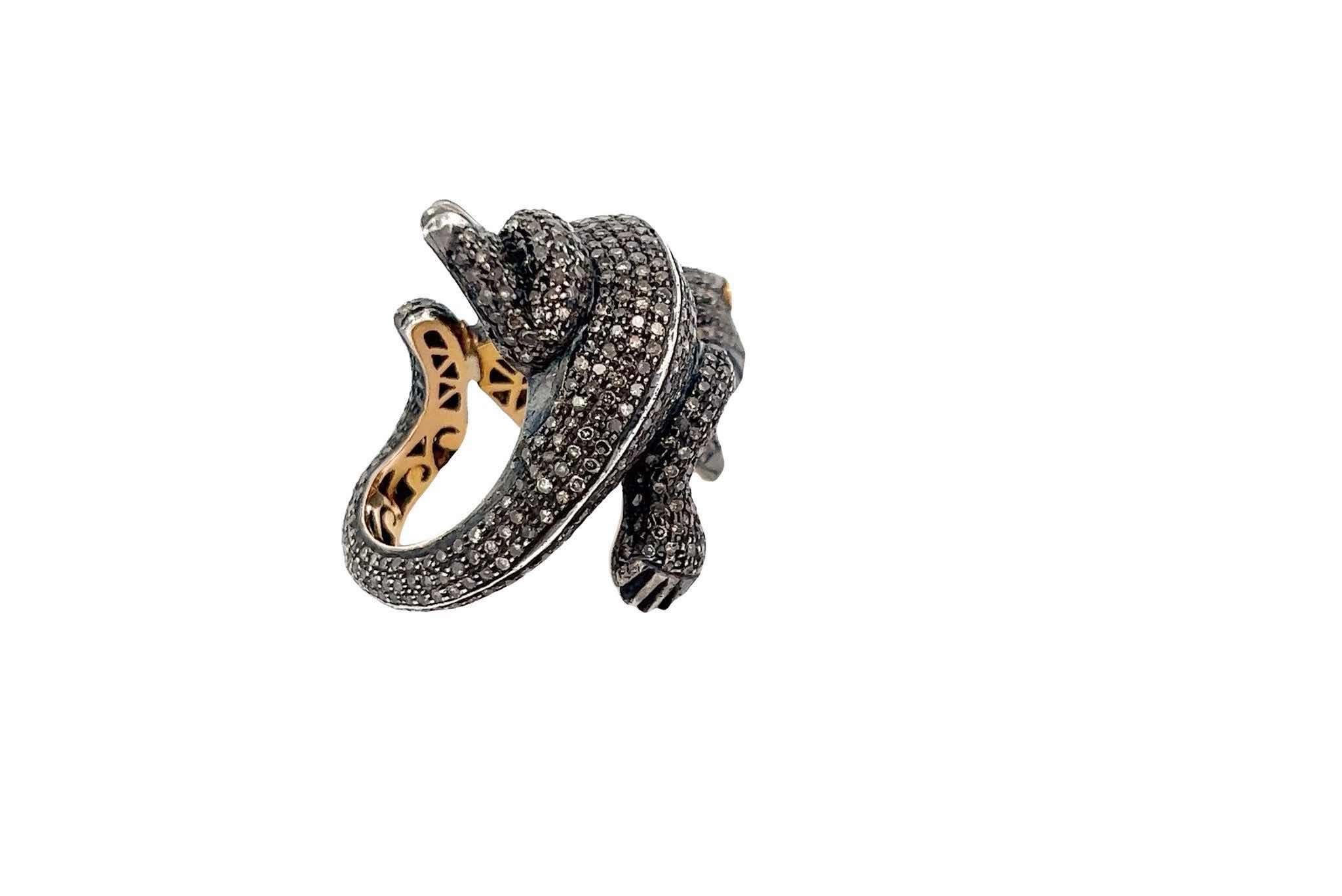 Rose Cut Gold and silver chameleon ring with diamonds For Sale