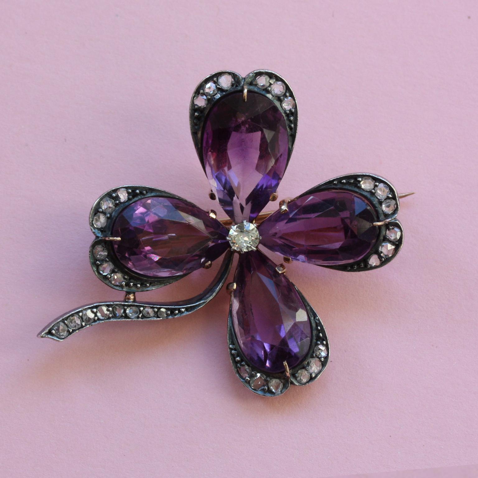 Art Nouveau Gold and Silver Clover Four Brooch with Amethyst and Diamond