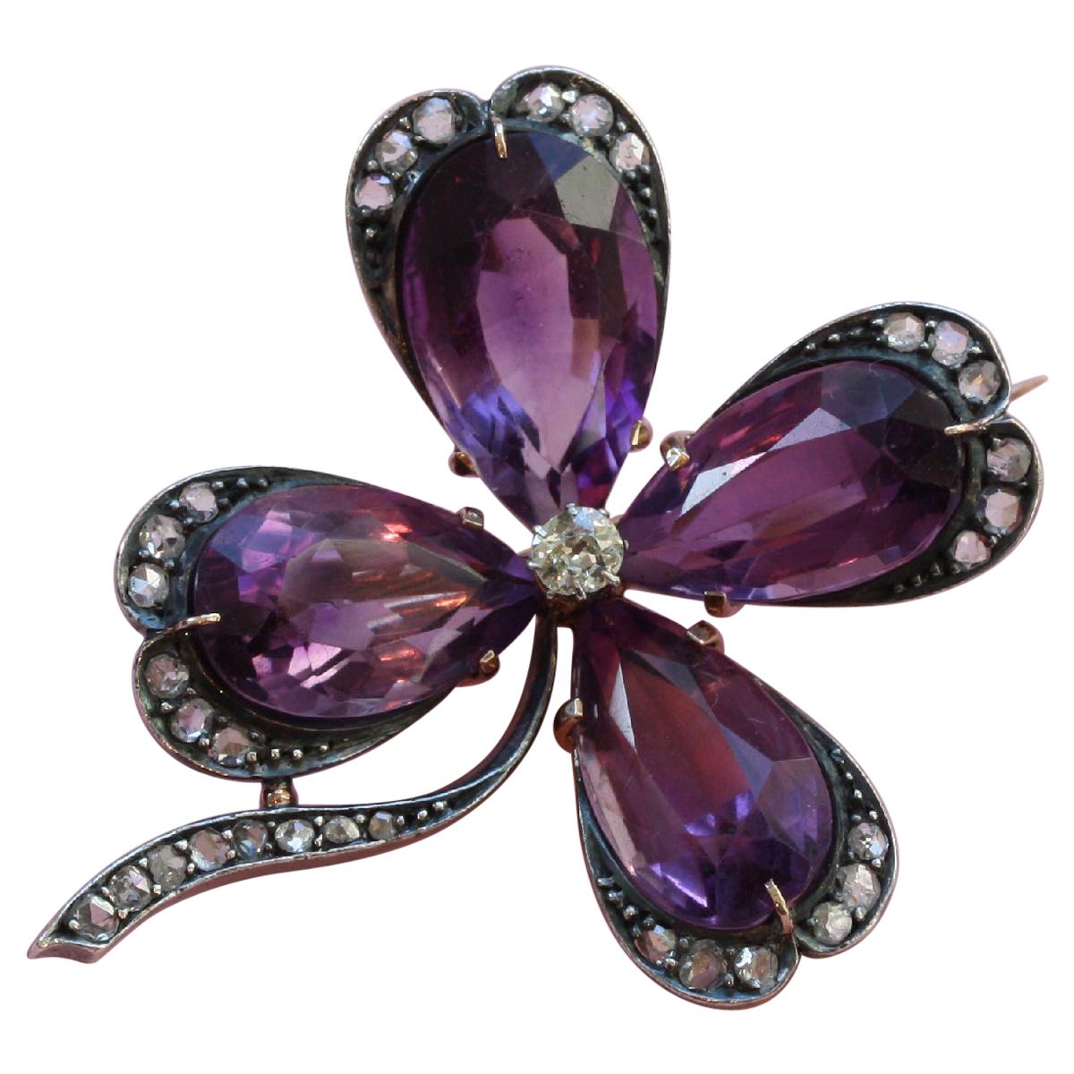 Gold and Silver Clover Four Brooch with Amethyst and Diamond