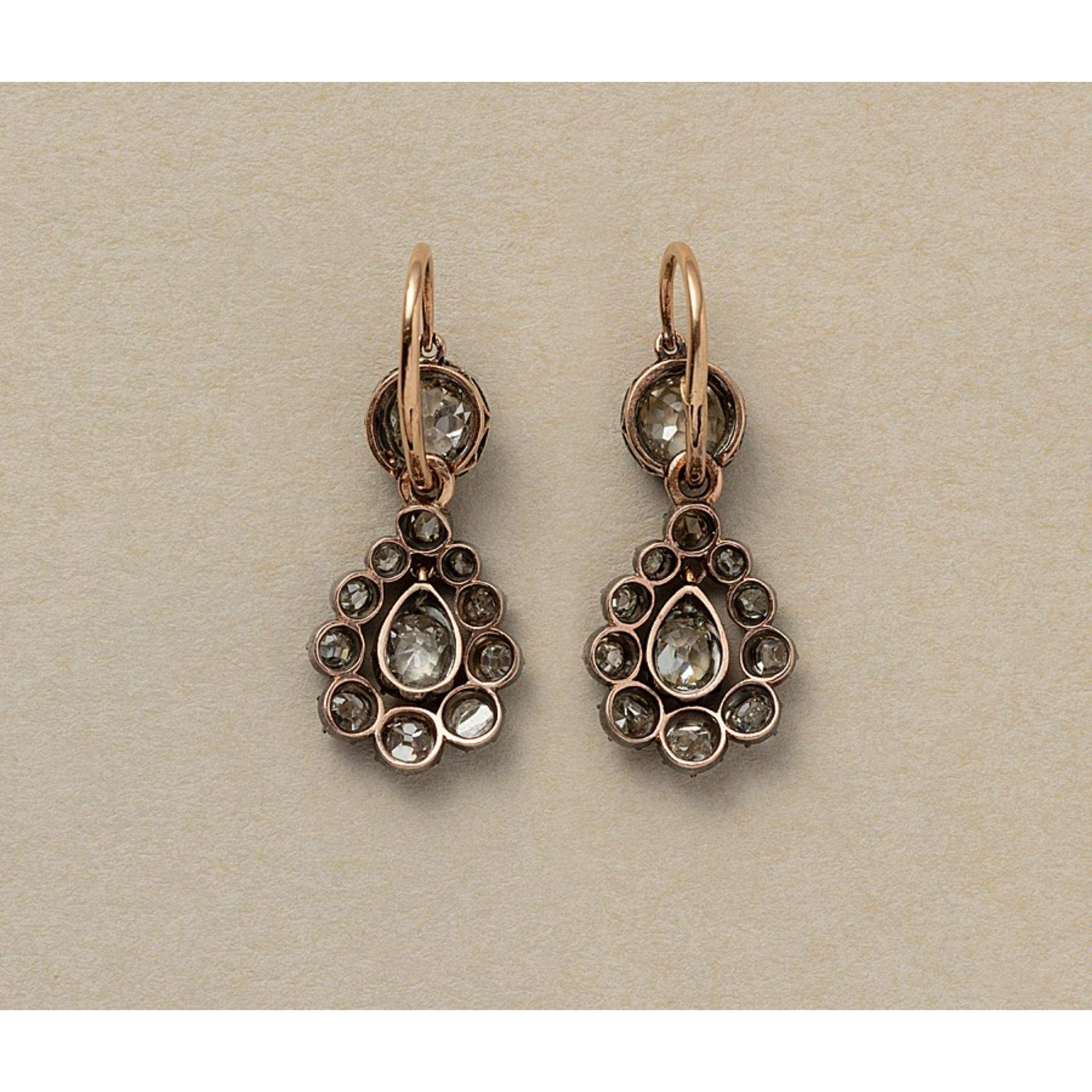 Antique Cushion Cut Gold and Silver Earrings with Diamonds For Sale